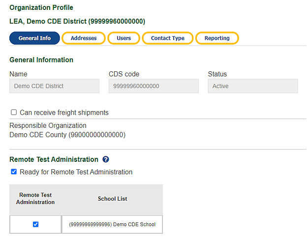 Organization Profile screen in TOMS with the Ready for Remote Test Administration checkbox marked