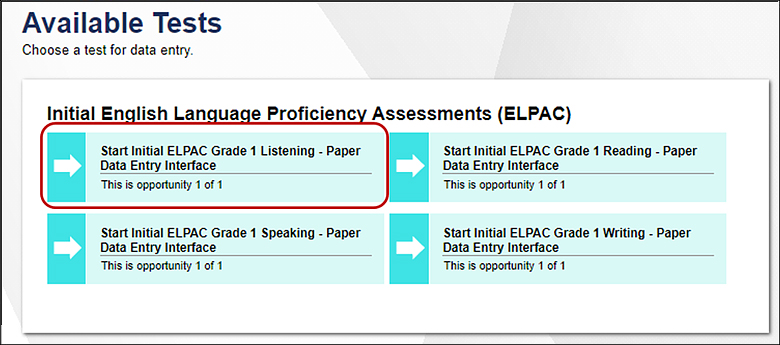 Available Tests screen showing the Initial ELPAC domains for the student's applicable grade level or grade span