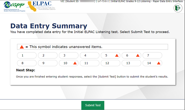 Test Summary screen for paper data entry allowing the user to review entries by selecting a number, with triangles indicating an unanswered item