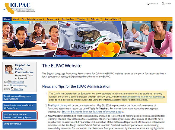 Front page of the ELPAC website with the Data Entry Interface and Teacher Hand Scoring System button indicated