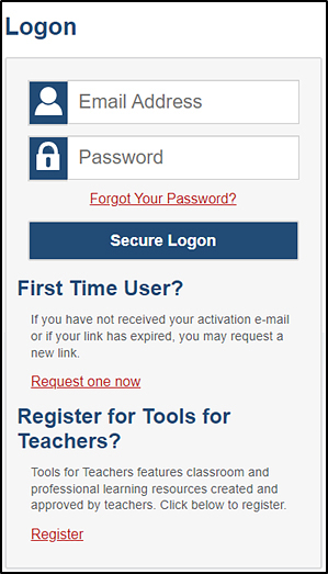 Logon screen asking for user email address and password with a Secure Logon button