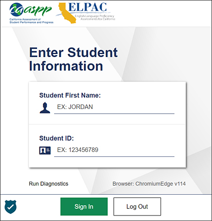 Enter Student Information screen with Student First Name and SSID fields, and Sign In and Log Out buttons
