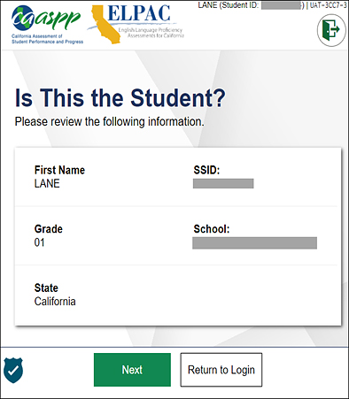 Is This the Student? screen with student identifying information and Next button