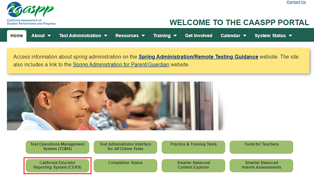 CAASPP website landing page with the California Educator Reporting System (CERS) button called out