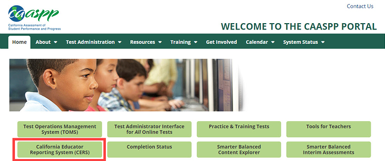 CAASPP website landing page with the California Educator Reporting System (CERS) button called out