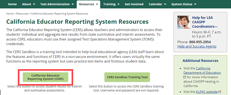 California Educator Reporting System Resources web page with the California Educator Reporting System (CERS) button called out
