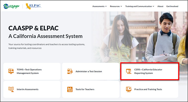 CAASPP & ELPAC Website landing page with the CERS—California Educator Reporting System button called out.