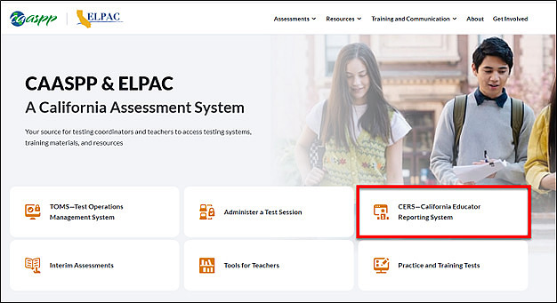 CAASPP & ELPAC Website landing page with the CERS—California Educator Reporting System button called out.