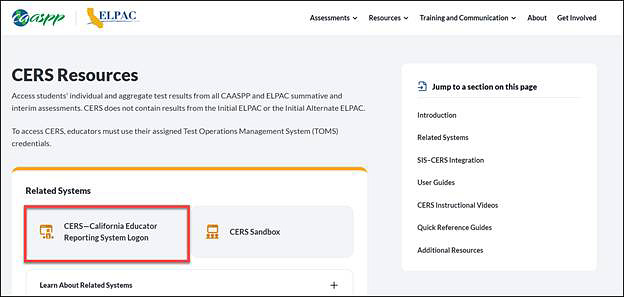 CERS Resources web page with the CERS—California Educator Reporting System Logon button called out.