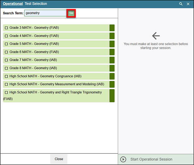 Sample search for Geometry assessments, with the Go button indicated.