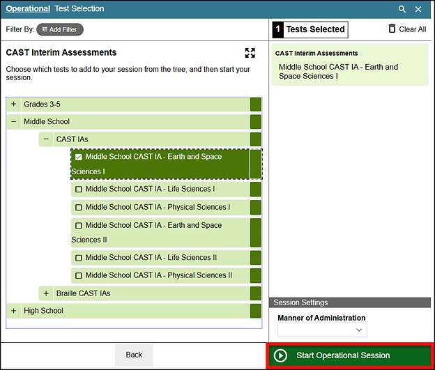 Operational Test Selection screen with the Start Operational Session button called out.