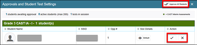 Approvals and Student Test Settings screen.