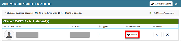 Approvals and Test Settings screen, with the View icon called out in the See Details column.