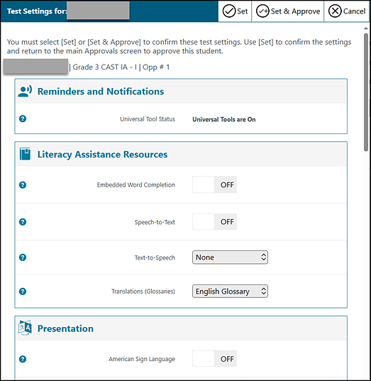 Test Settings screen for a sample student.