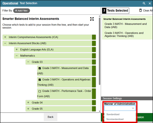 Operational Test Selection screen with the drop-down list called out; options include Nonstandardized and Standardized/Benchmark.