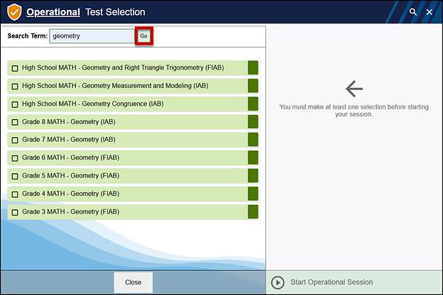 Sample search for Geometry assessments, with the Go button indicated.