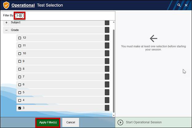 The filter panel, filtered for Grade 3, with the Remove Filter icon and the Apply Filter(s) button indicated.