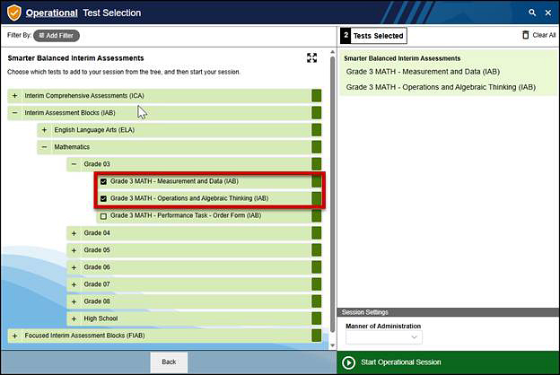 Operational Test Selection screen with multiple assessments selected.