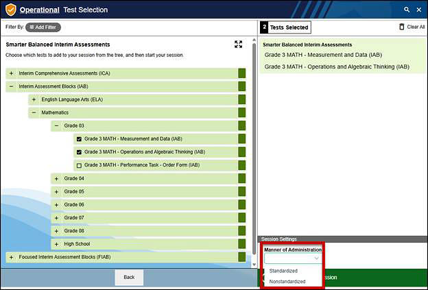 Operational Test Selection screen with the drop-down list called out; options include Standardized and Nonstandardized.