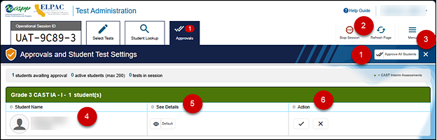 Approvals and Student Test Settings screen, with Approve All Students button, Refresh button, Done button, Student Name column, See Details, and Action called out; these are listed in table 1.
