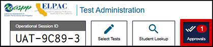Students Awaiting Approval portion of the Test Administrator Interface with the Approvals button called out.