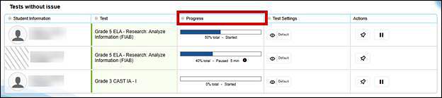 Progress column in the Operational Test Session table.
