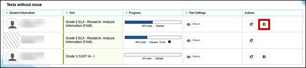 Operational Test Session table with the Pause Test button called out.