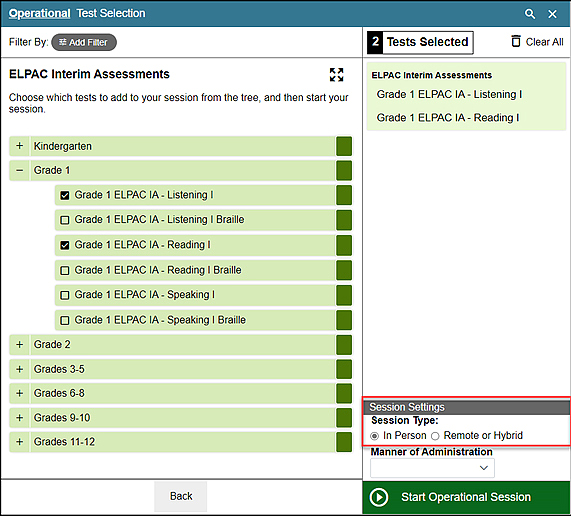 Operational Test Selection screen with Session Settings radio buttons indicated