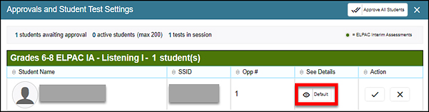 Approvals and Test Settings screen, with the View icon called out in the See Details column.