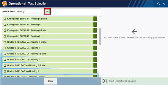 Sample search for Reading assessments, with the Go button indicated.