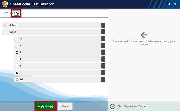 The filter panel, filtered for Grade 1, with the Remove Filter icon and the Apply Filter(s) button indicated.