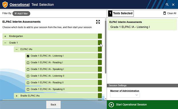Select grade level or grade span and content area screen.