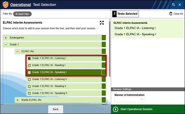Test Selection Screen with Grade 1 ELPAC IA - Listening I and Grade 1 ELPAC IA -Speaking I called out.