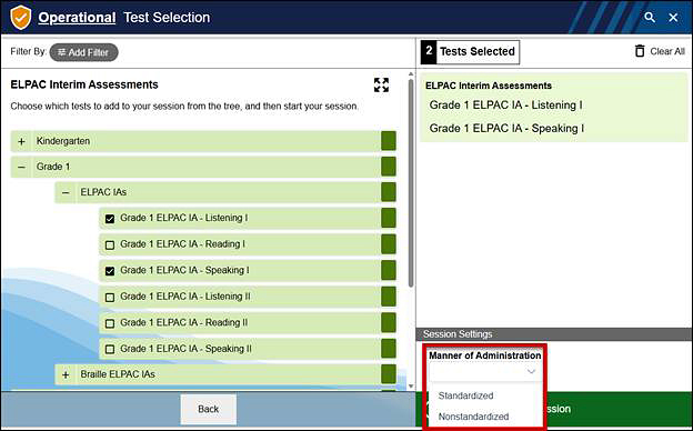 Operational Test Selection screen with the drop-down list called out; options include Standardized and Nonstandardized.