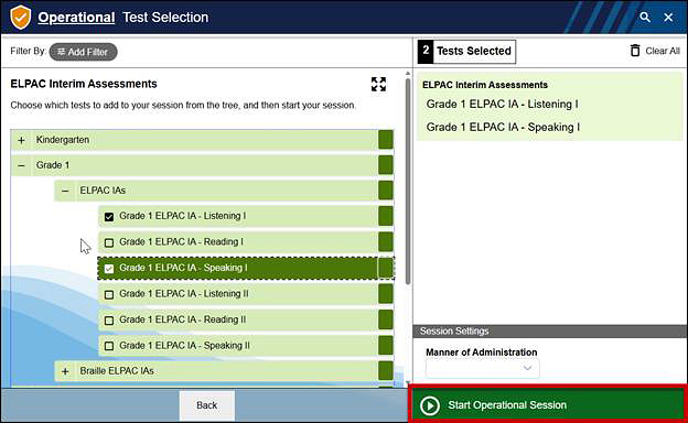 Operational Test Selection screen with the Start Operational Session button called out.
