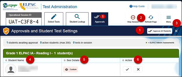 Approvals and Student Test Settings screen, with Approve All Students button, Refresh button, Done button, Student Name column, See Details, and Action called out; these are listed in table 1.