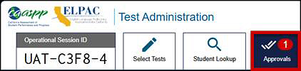Students Awaiting Approval portion of the Test Administrator Interface with the Approvals button called out.