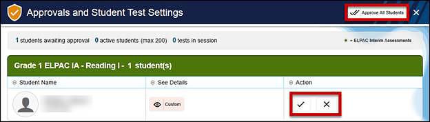 Approvals and Student Test Settings screen with the Approve and Deny buttons called out.
