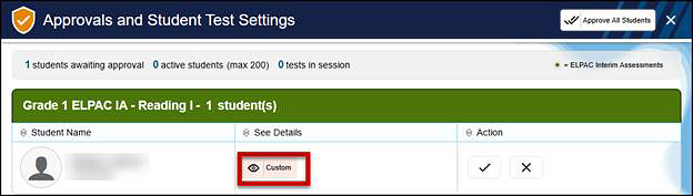 Approvals and Test Settings screen, with the View icon called out in the See Details column.