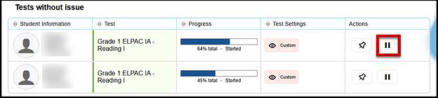 Tests without issue table with the Pause Test button called out.