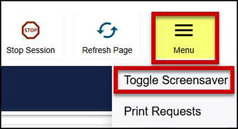 Menu button with Menu indicated, with Toggle Screensaver option indicated and Approved Requests option not indicated.