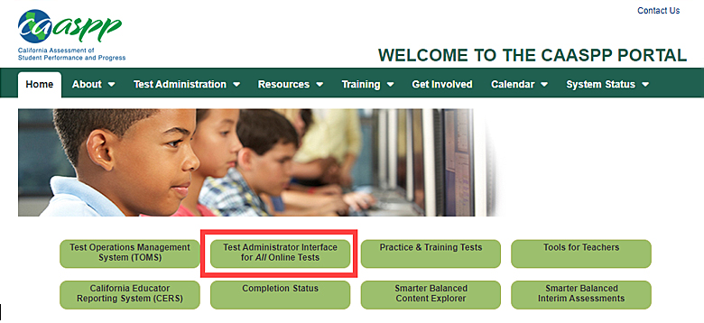 CAASPP website with the Test Administrator Interface for All Online Tests button called out