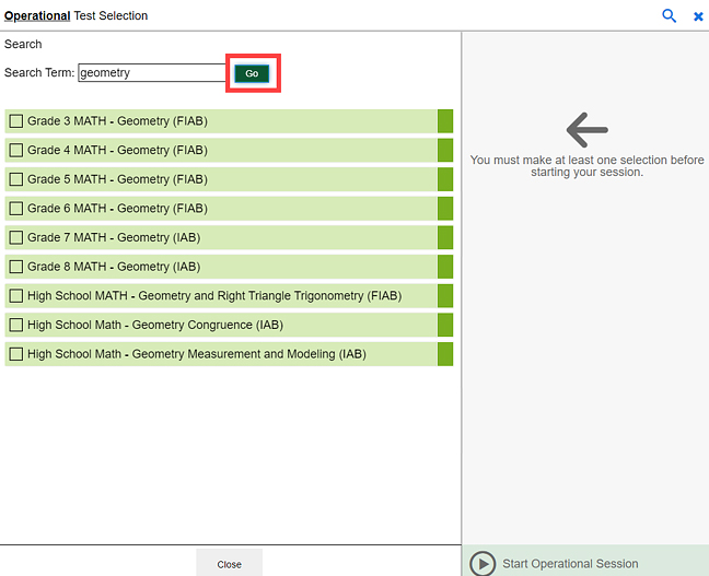 Sample search for Geometry tests, with the Go button indicated