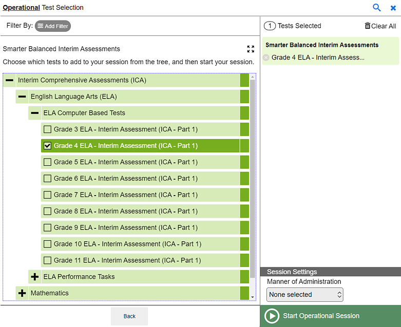 Operational Test Selection screen with Grade 4 ELA Interim Test (ICA) test selected