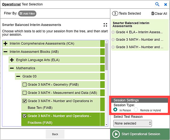 Operational Test Selection screen with Session Settings radio buttons indicated
