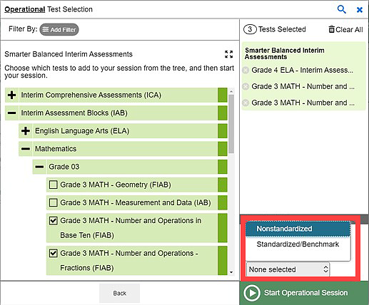 Operational Test Selection screen with the drop-down list called out; options include Nonstandardized and Standardized/Benchmark