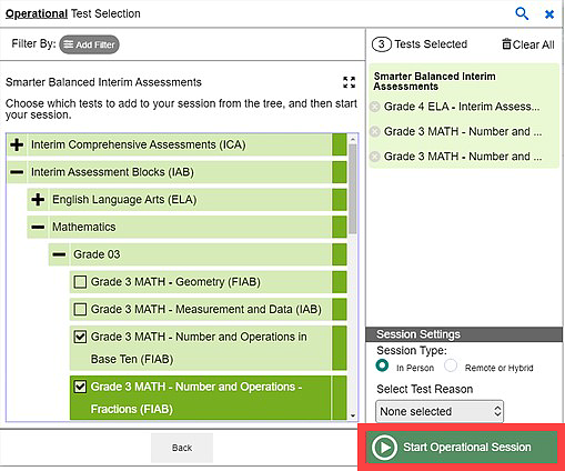 Operational Test Selection screen with the Start Operational Session button called out