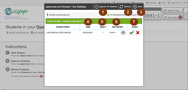 Approvals and Student Test Settings screen, with Approve All Students button, Refresh button, Done button, SSID, Opportunity number, See Details, and Action called out