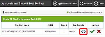 Approvals and Test Settings screen, with the View icon called out in the See Details column