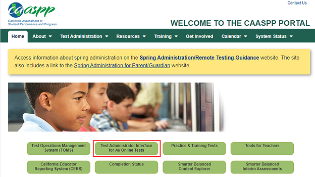 Landing page of the CAASPP website with the Test Administrator Interface for All Online Tests button called out